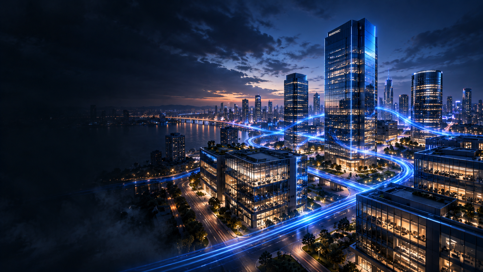 City skyline at night representing connected business operations